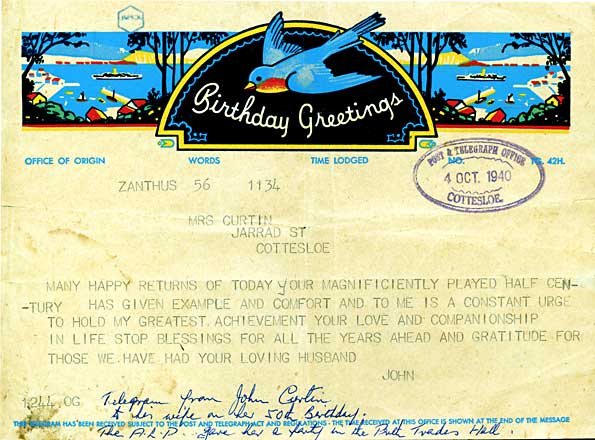 Telegram from John Curtin to Elsie Curtin, 4 October 1940