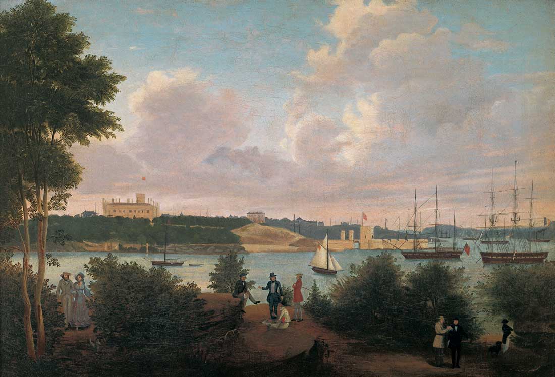 'Panorama of Sydney Harbour with Government House and Fort Macquarie from Mrs Macquarie's Chair', c1845